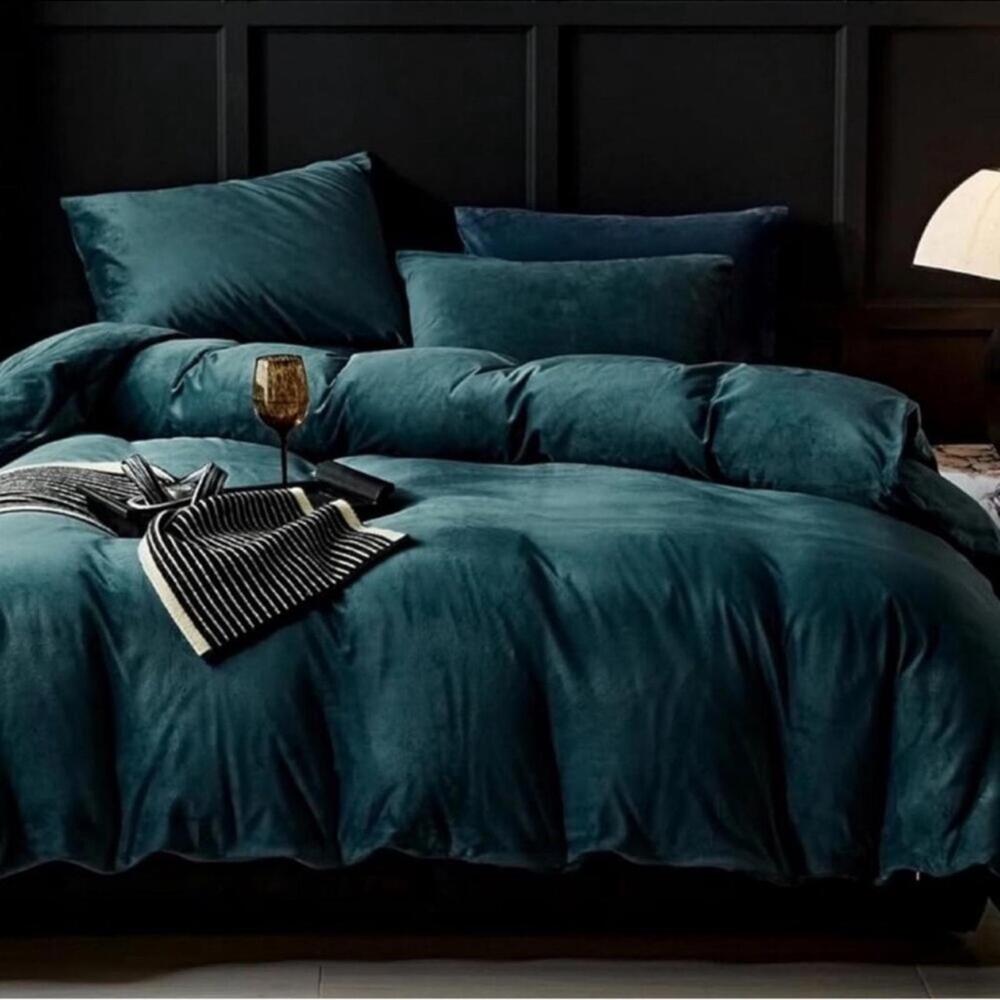 🆕 KING Set Duvet Cover Velvet Bedding Blue Green Velour High End Luxury Hotel